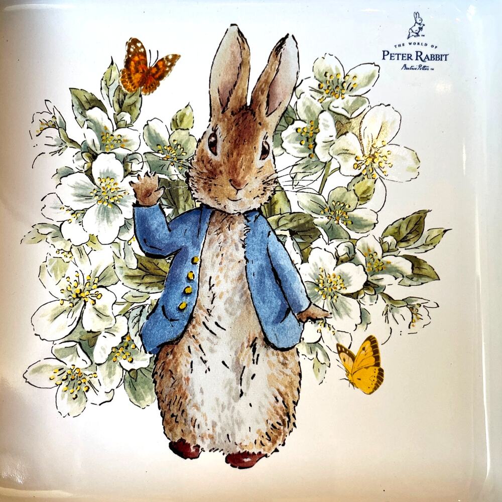 Beatrix Potter Peter Rabbit 9" Square Ceramic Baker Blue Rim Easter Bakeware NEW - Picture 8 of 13